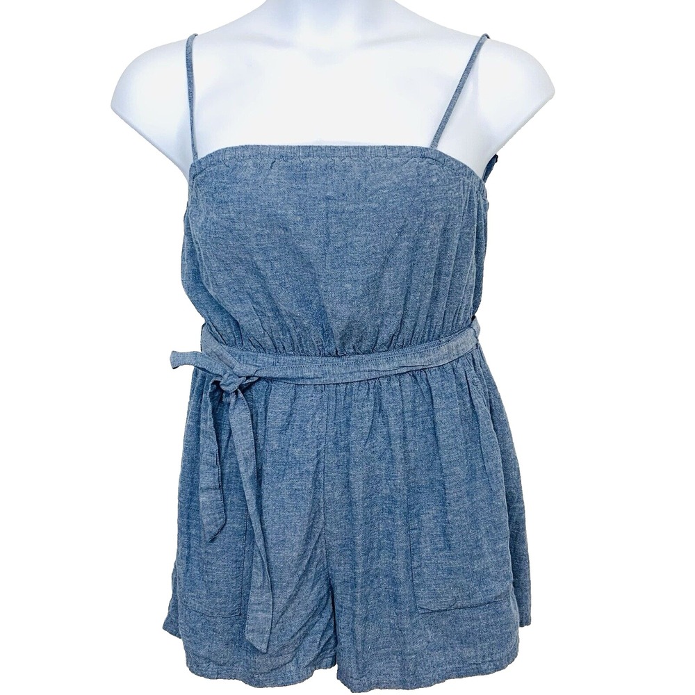 American Eagle‎ Blue Romper  Lined Strappy Pockets Tie Waist Beach SZ  XS